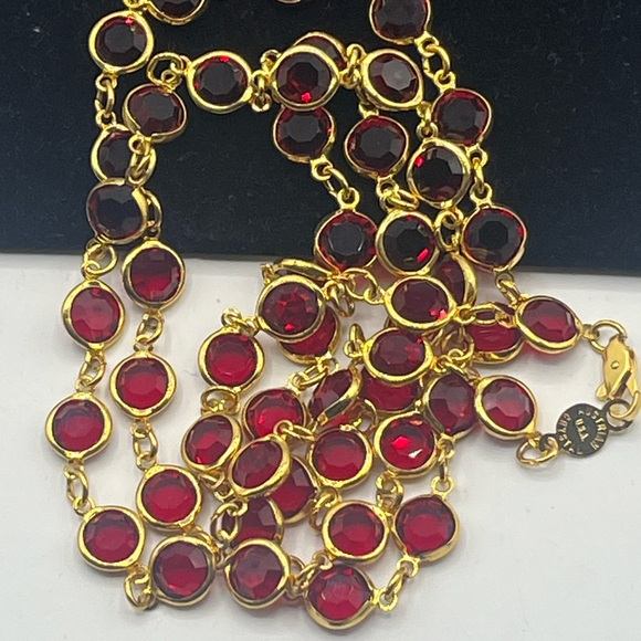 Austrian Crystal USA Red Glass Crystal Bezel Gold Tone Long Necklace 35” - Picture 2 of 10